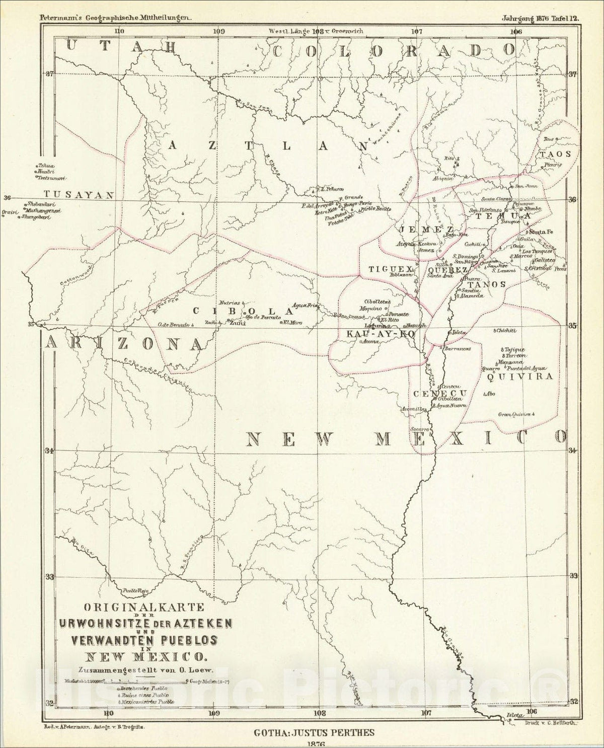 Historic Map : Originalkarte der Urwohnsitze der Azteken und Verwandten Pueblos in New Mexico Zusammengetellt von O. Loew, 1876, 1876, Vintage Wall Art
