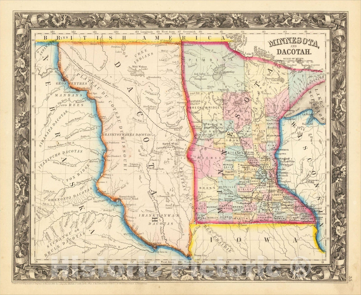 Historic Map : Minnesota and Dacotah, 1860, Samuel Augustus Mitchell Jr., Vintage Wall Art