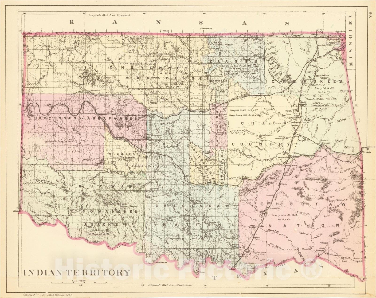 Historic Map : Indian Territory, 1884, Samuel Augustus Mitchell Jr., Vintage Wall Art