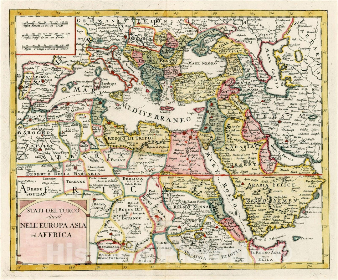 Historic Map : Stati Del Turco situati Nell'Europa Asia ed Affrica, 1740, Giambattista Albrizzi, Vintage Wall Art