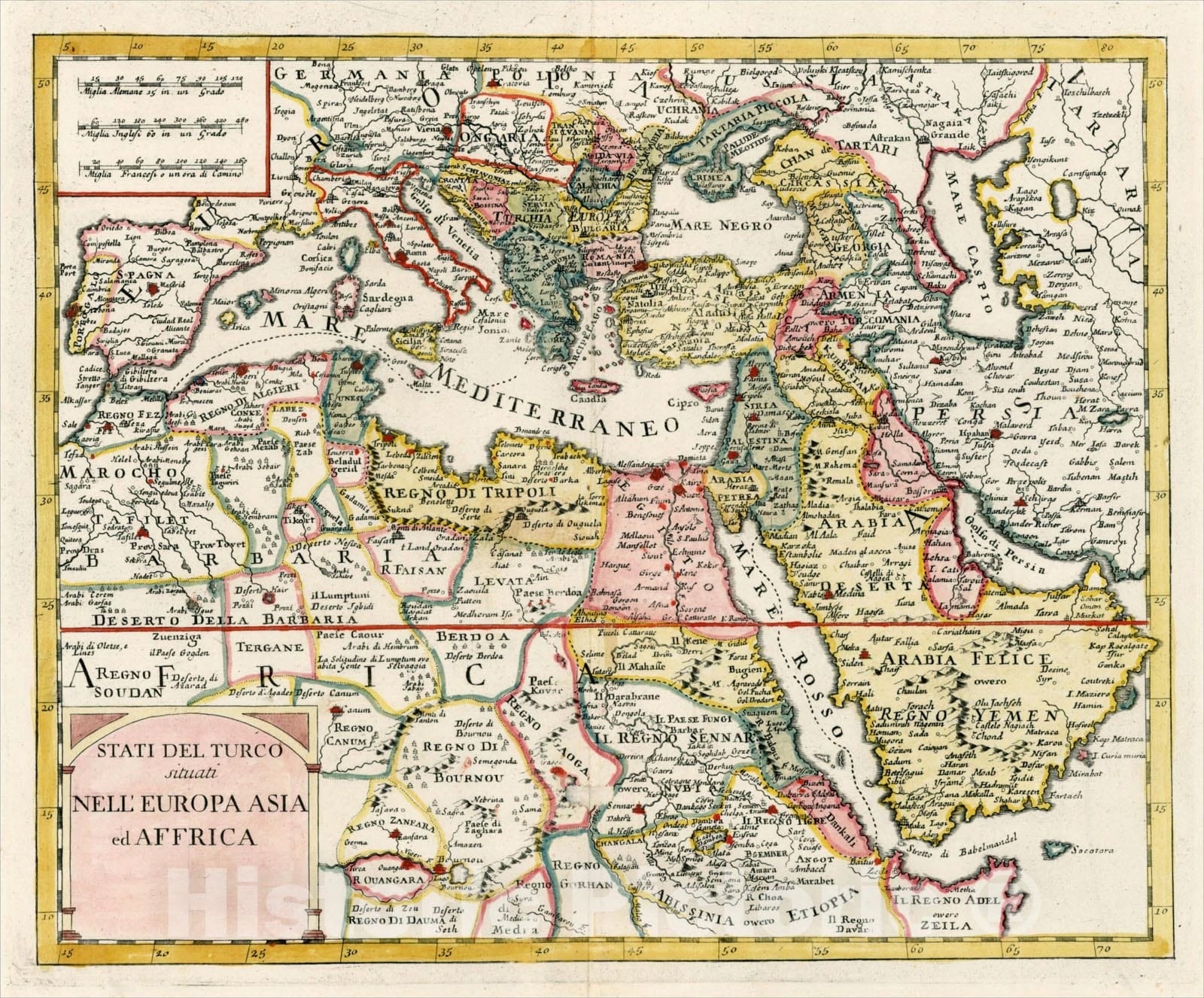 Historic Map : Stati Del Turco situati Nell'Europa Asia ed Affrica, 1740, Giambattista Albrizzi, Vintage Wall Art