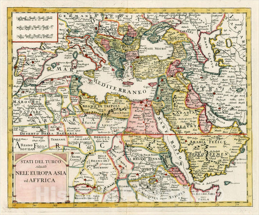 Historic Map : Stati Del Turco situati Nell'Europa Asia ed Affrica, 1740, Giambattista Albrizzi, Vintage Wall Art