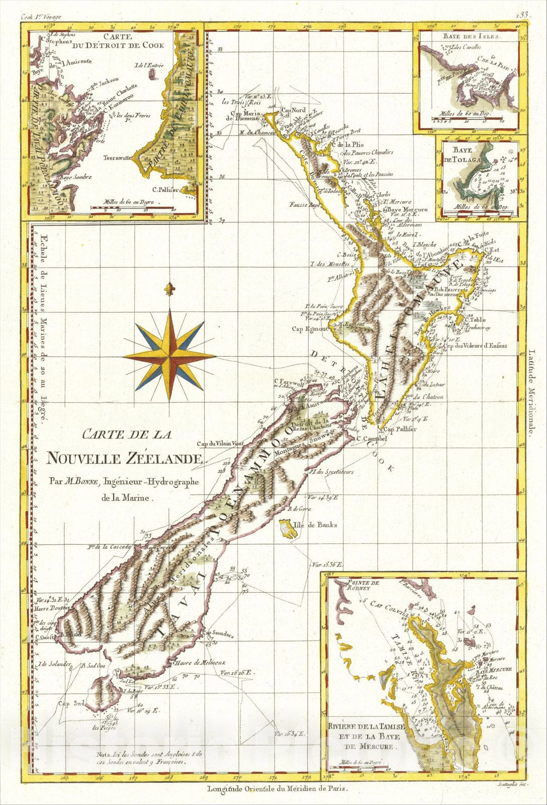 Historic Map : Carte De La Nouvelle Zeelande, 1787, Rigobert Bonne, v5, Vintage Wall Art