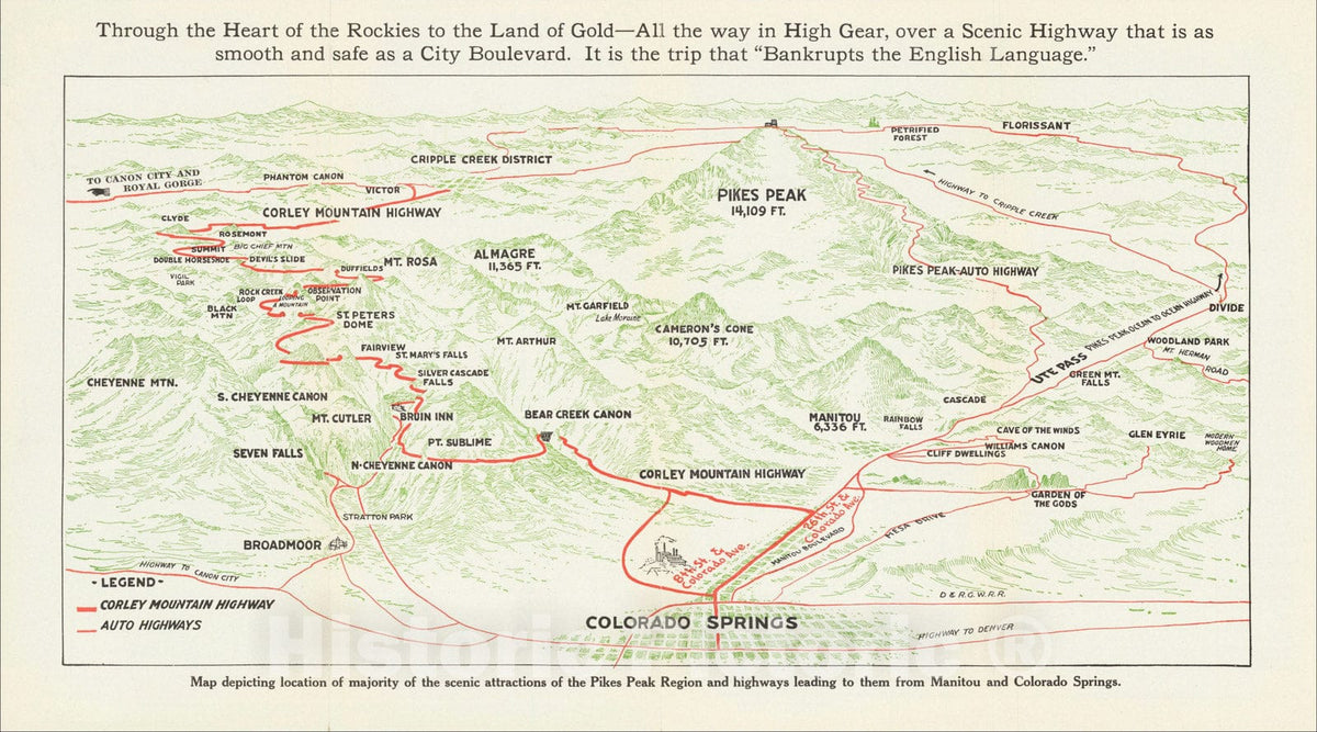 Historic Map : [Colorado -- Pike's Peak Region] Detailed Perspective Map of Corley Mountain Highway, c1930, Democrat Publishing Co., Vintage Wall Art