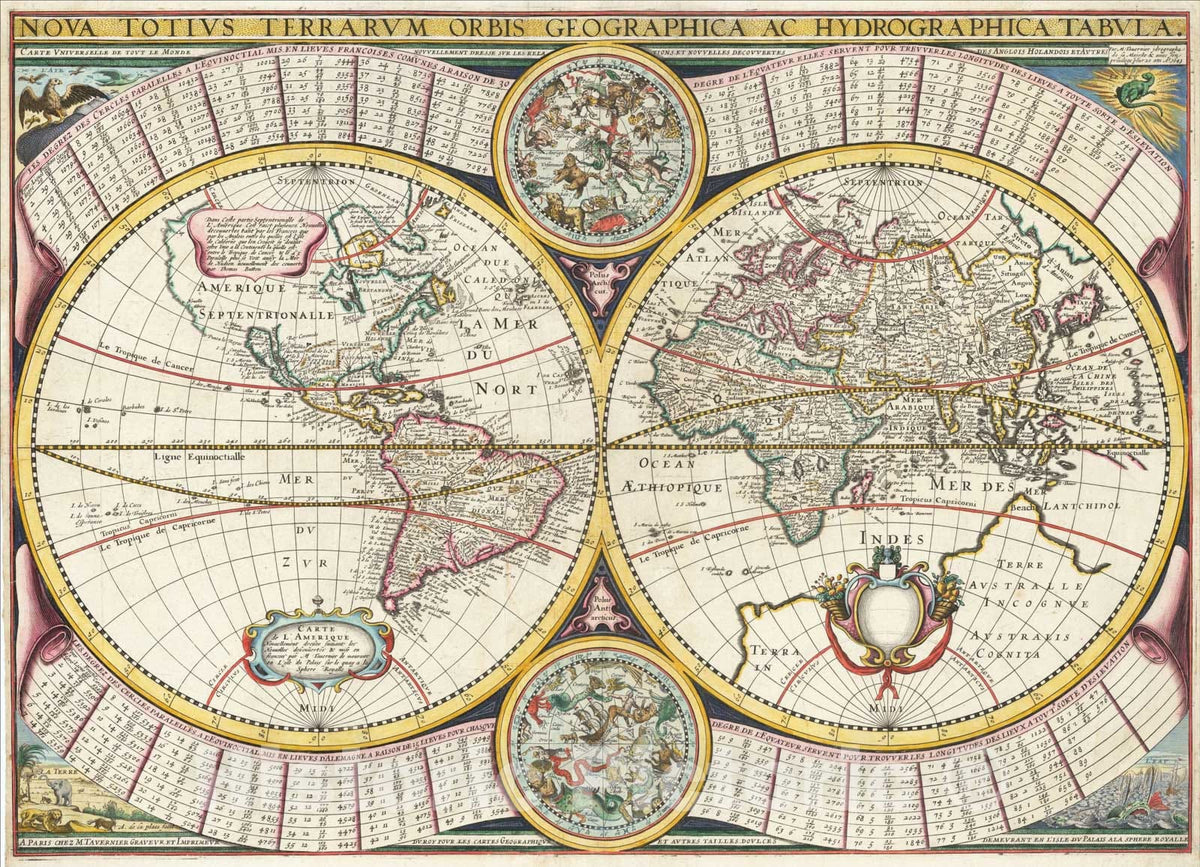 Historic Map : Nova Totius Terrarum Orbis Geographica Ac Hydrographica Tabula, 1643, Melchior Tavernier, Vintage Wall Art