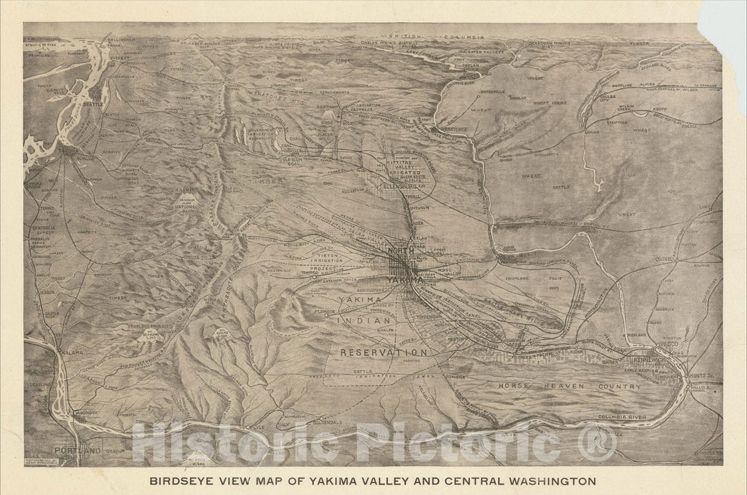 Historic Map : Birdseye View Map of Yakima Valley and Central Washington, 1907, Edward Lange, Vintage Wall Art