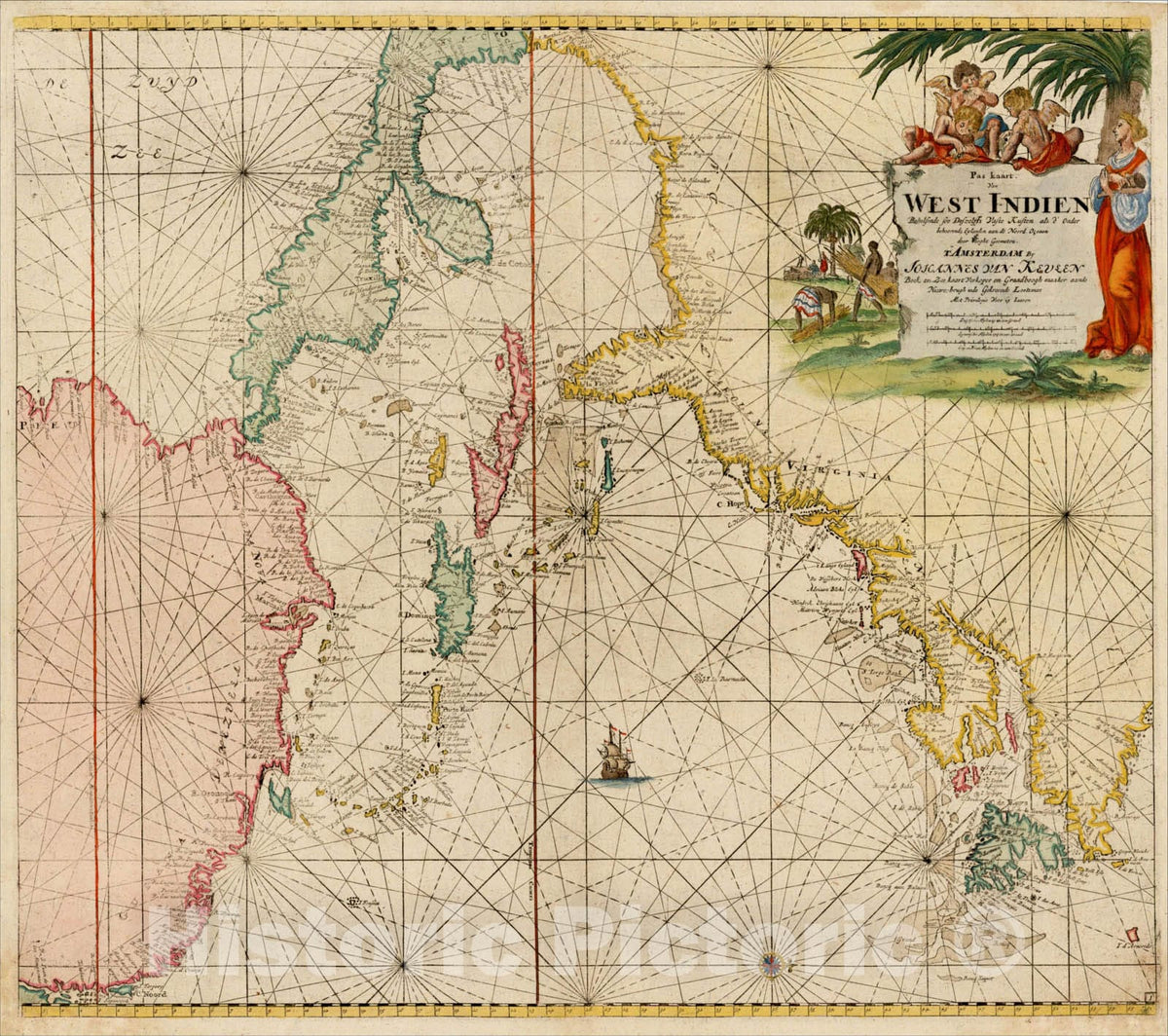 Historic Map : Pas Kaart Van West Indien Behelsende soo Deszelffs Vaste Kusten als, 1704, Johannes Van Keulen, Vintage Wall Art