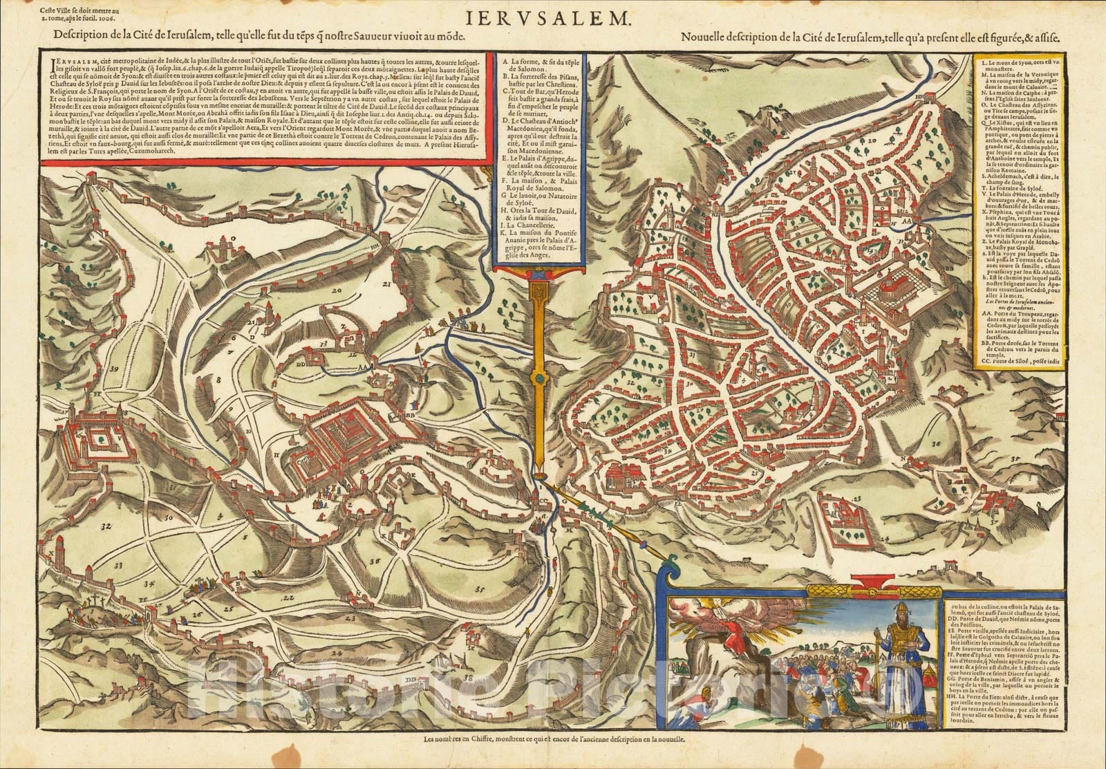 Historic Map : Ierusalem Description de la Cite Ierusalem, . [and] Nouvelle description de la Cite de Ierusalem , 1575, Francois De Belleforest, Vintage Wall Art