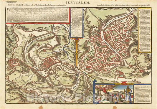 Historic Map : Ierusalem Description de la Cite Ierusalem, . [and] Nouvelle description de la Cite de Ierusalem , 1575, Francois De Belleforest, Vintage Wall Art