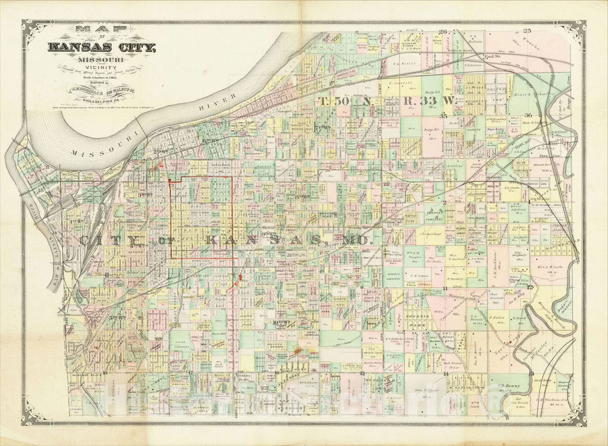 Historic Map : Map of Kansas City, Missouri and Vicinity. Compiled from Official Records and Actual Surveys., 1887, G.M. Hopkins, Vintage Wall Art
