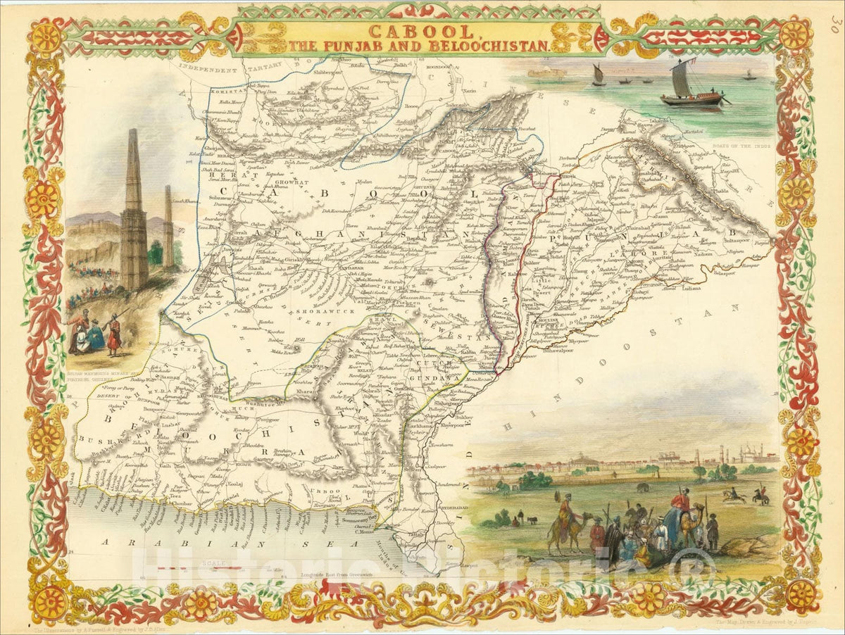 Historic Map : Cabool, The Punjab and Beloochistan, 1851, John Tallis, Vintage Wall Art