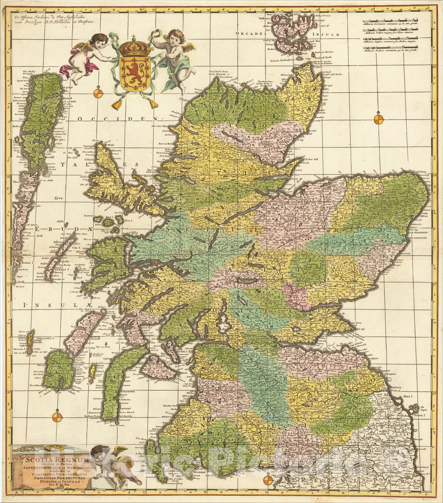 Historic Map : Scotia Regnum divisum in Partem Septentrionalem et Meridionalem, 1690, Frederick De Wit, Vintage Wall Art