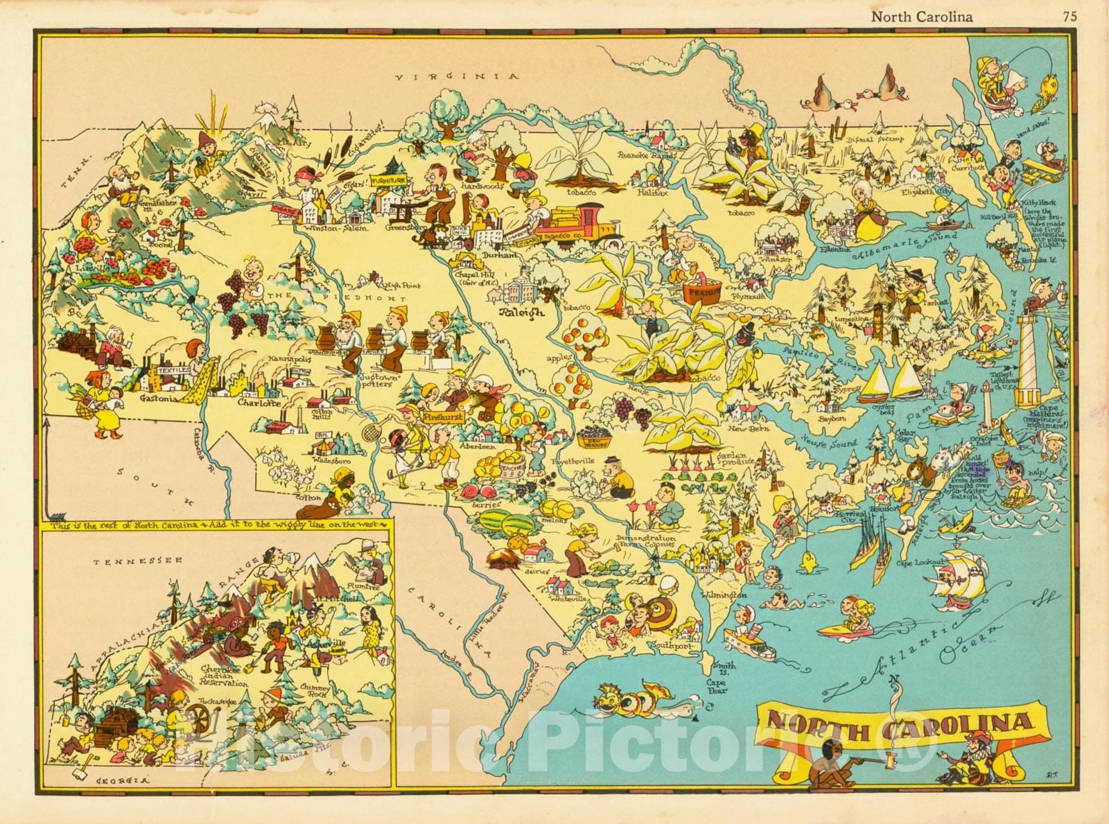 Historic Map : North Carolina, 1935, Ruth Taylor White, v2, Vintage Wall Art