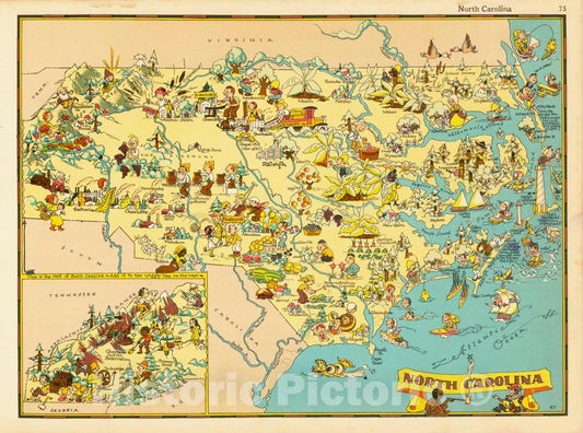 Historic Map : North Carolina, 1935, Ruth Taylor White, v2, Vintage Wall Art