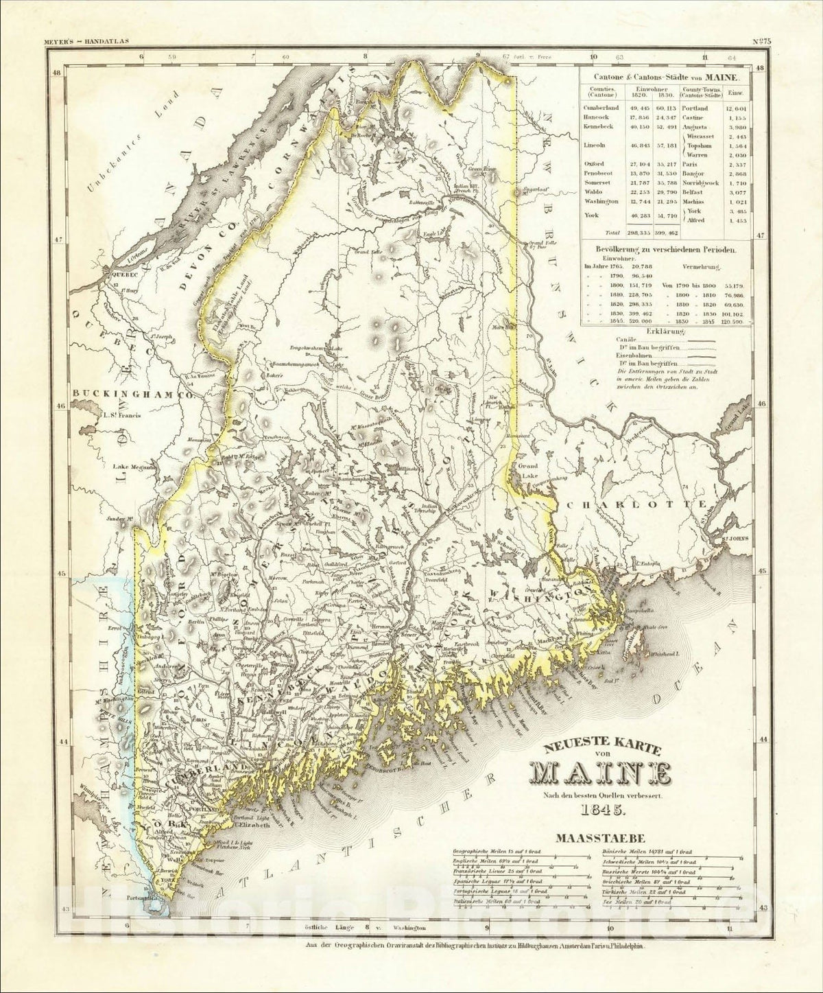 Historic Map : Neueste Karte von Maine Nach den bessten Quellen verbessert 1845., 1845, Joseph Meyer, Vintage Wall Art