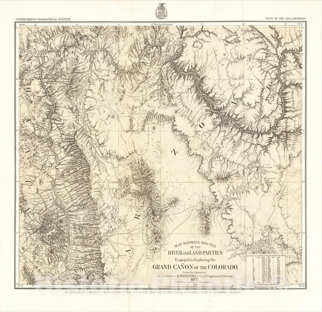 Historic Map : Map Showing Routes of the River and Land Parties Engaged in Exploring the Grand Ca?n of the Colorado 1871, 1871, George M. Wheeler, v2, Vintage Wall Art