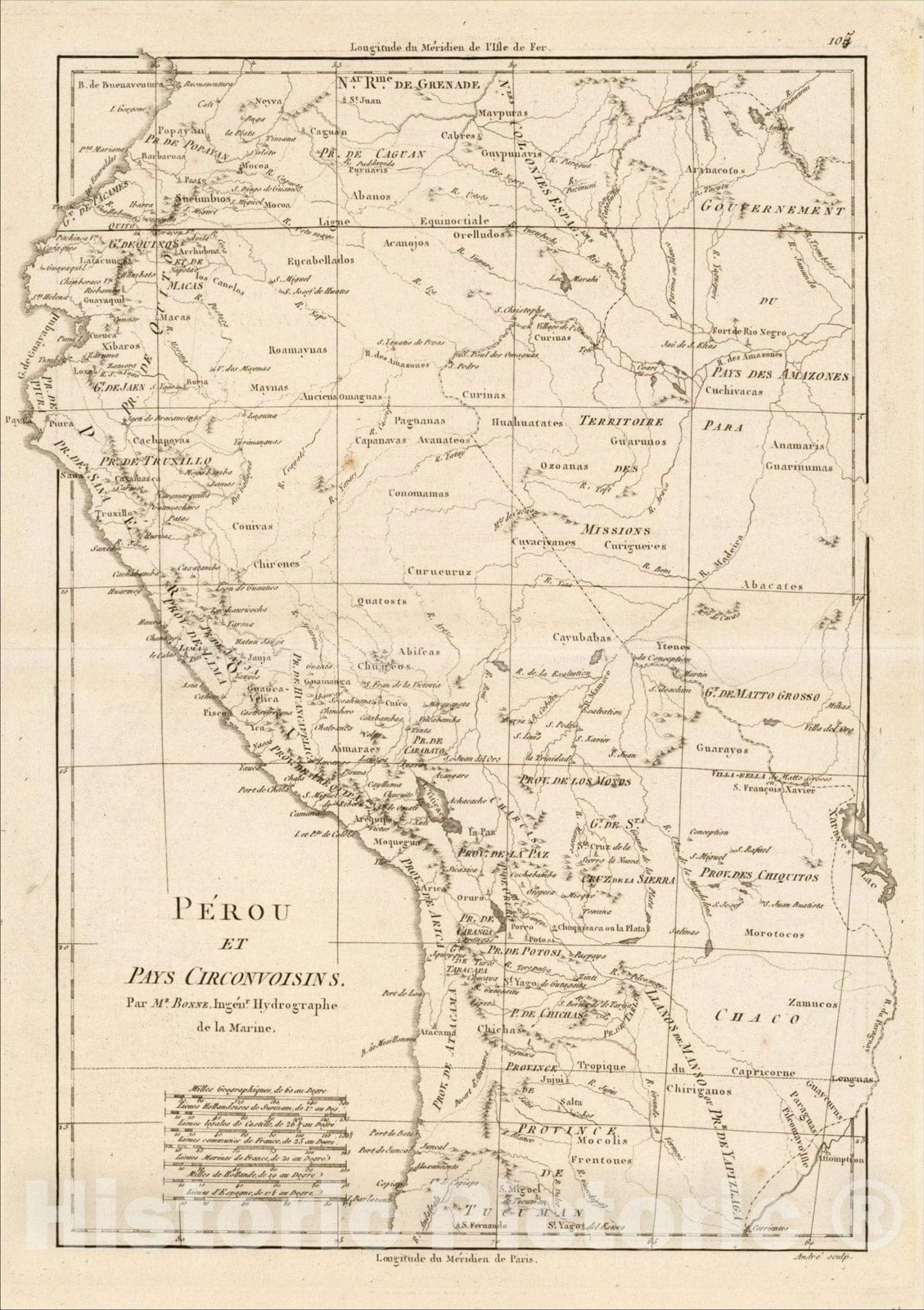 Historic Map : Perou et Pays Circonvoisins, 1780, Rigobert Bonne, Vintage Wall Art