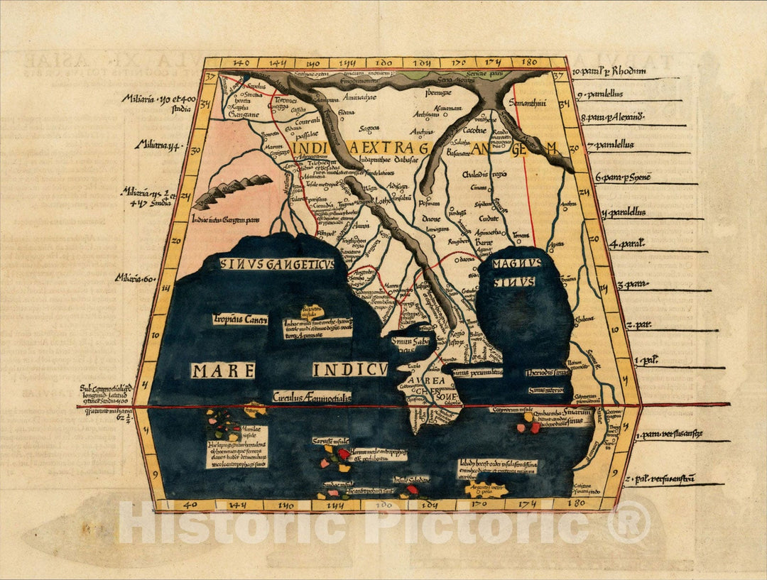 Historic Map : Tabula XI Asiae Hae Sunt E Cognitus Totius Orbis (title on verso), 1535, , Vintage Wall Art