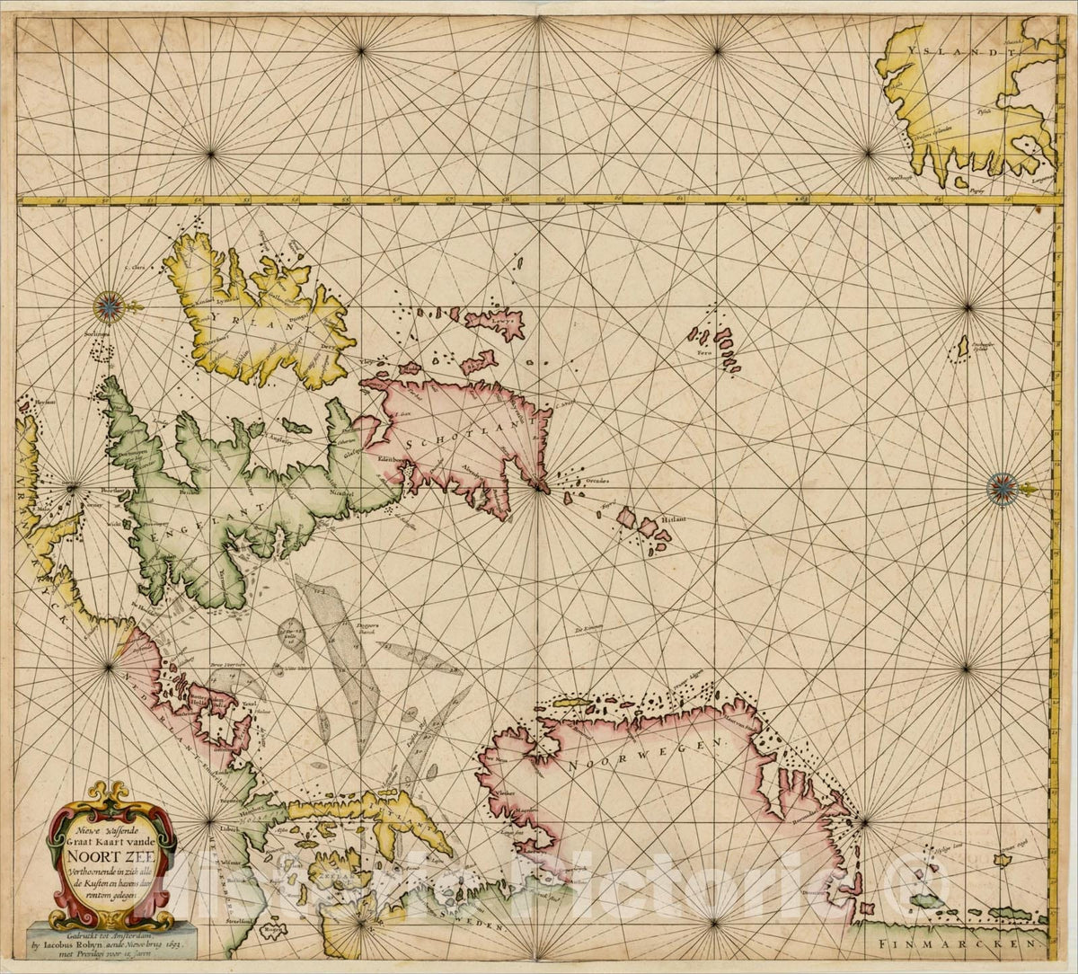 Historic Map : Niewe Wassende Graat Kaart vande Noort Zee Verthoonende in zich alle de Kusten en havens daer rontom gelegen, 1693, 1693, Jacobus Robijn, Vintage Wall Art