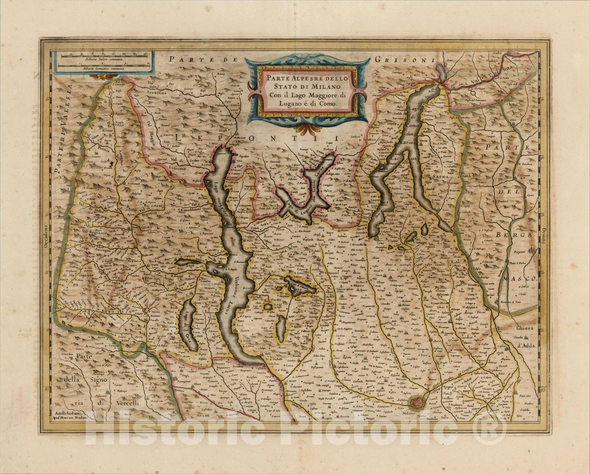 Historic Map : Parte Alpesre Dello Stato di Milano Con il Lago Maggiore di Lugano e di Como, c1640, , Vintage Wall Art