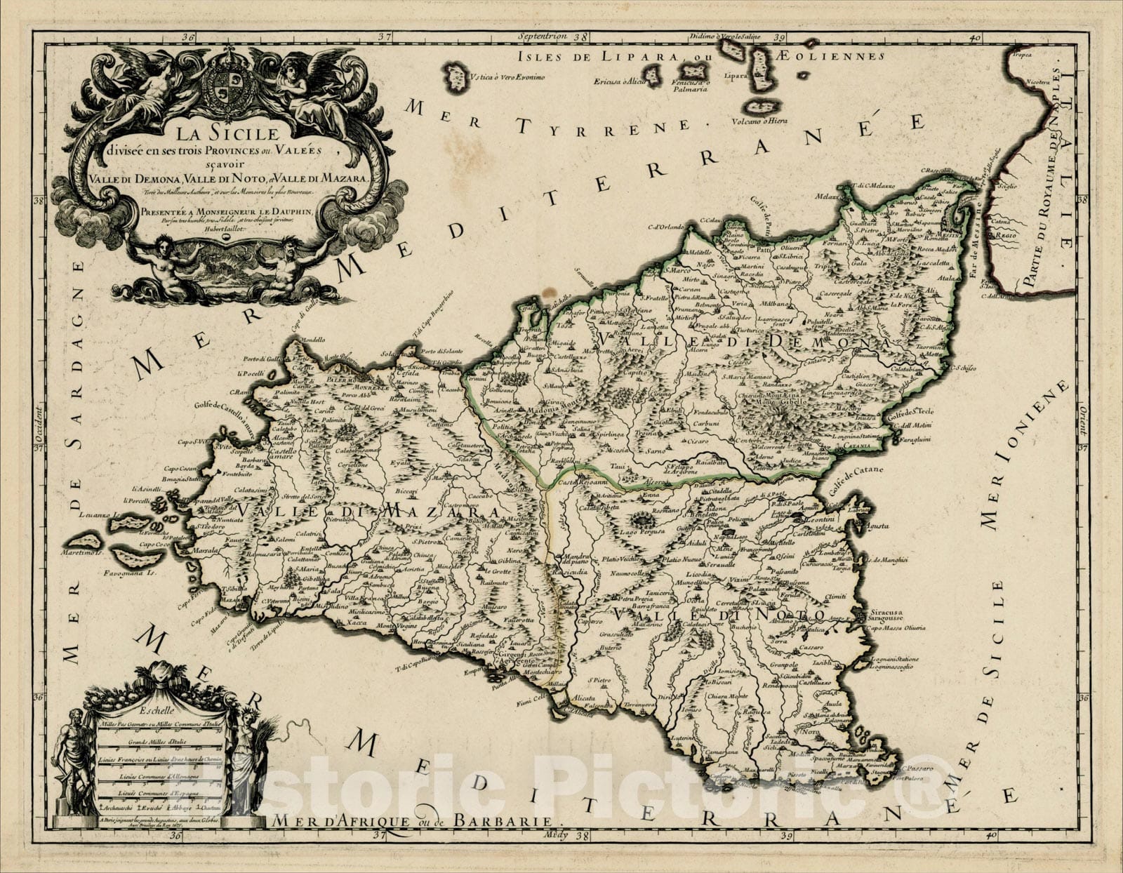 Historic Map : La Sicile divisee en ses trois Provinces ou Valees scavoir Valle di Demona, Valle Di Noto et Valle Di Mazara?1675, 1675, Alexis-Hubert Jaillot, Vintage Wall Art