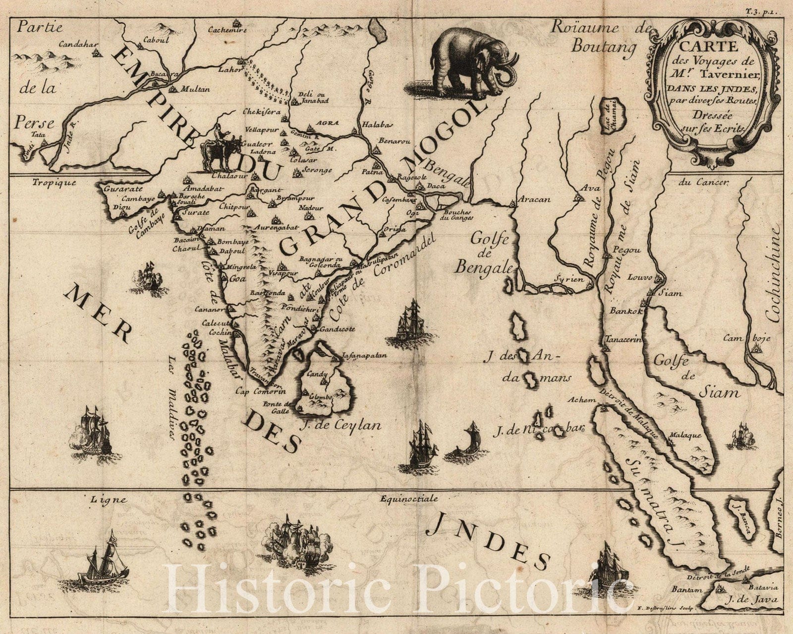 Historic Map : Carte des Voyages de Mr. Tavernier Dans Les Indes, par diverses Routes. Dresse sur les Ecrits, 1745, Tavernier, Vintage Wall Art