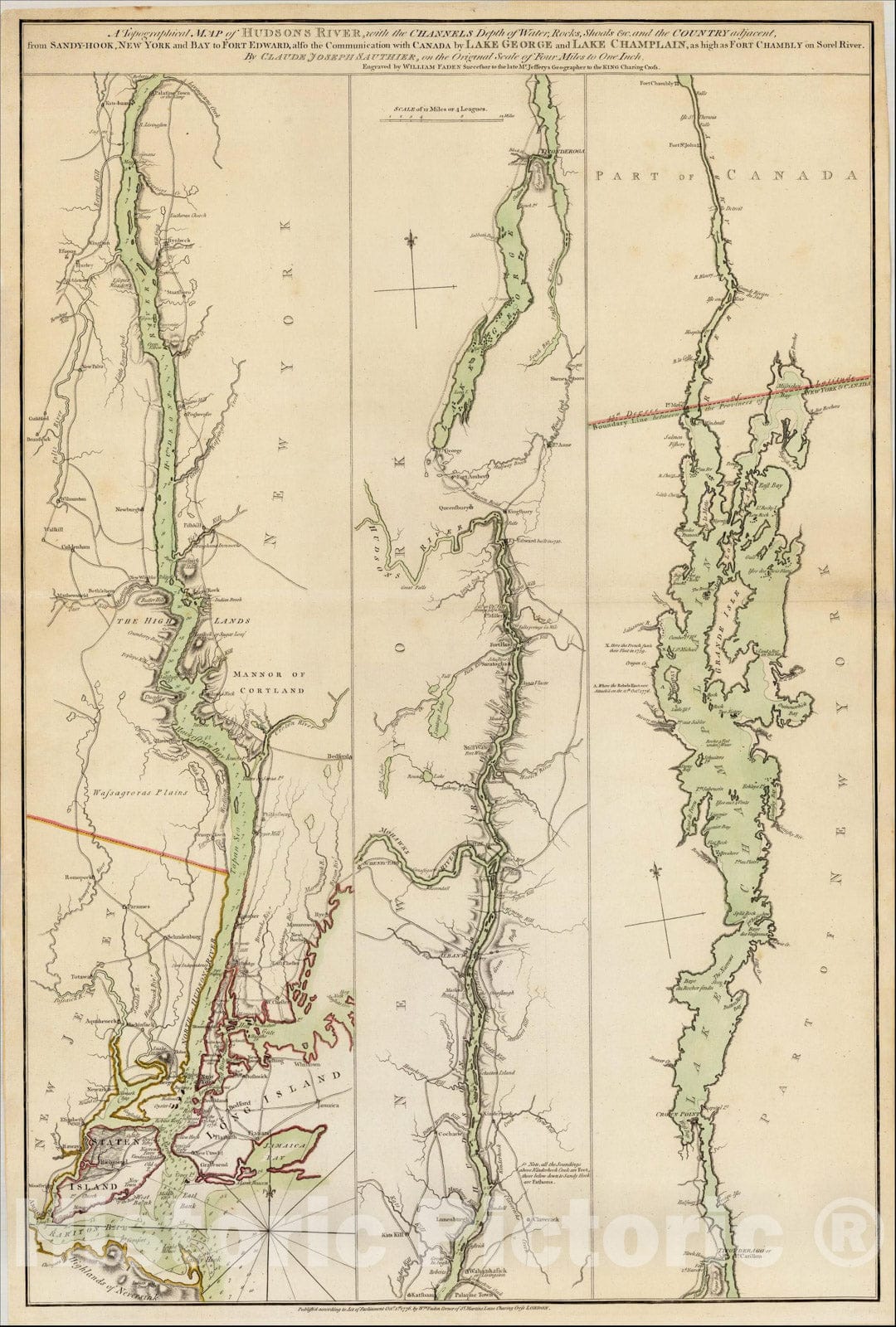 Historic Map : A Topographical Map of Hudson?s River, with the Channels Depth of Water, Rocks, Shoals, 1776, Claude Joseph Sauthier, Vintage Wall Art