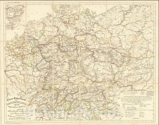 Historic Map : Eisen:Bahn:Karte von Deutschland und den angrenzenden Landern, 1856, Simon Schropp et Comp: Vintage Wall Art