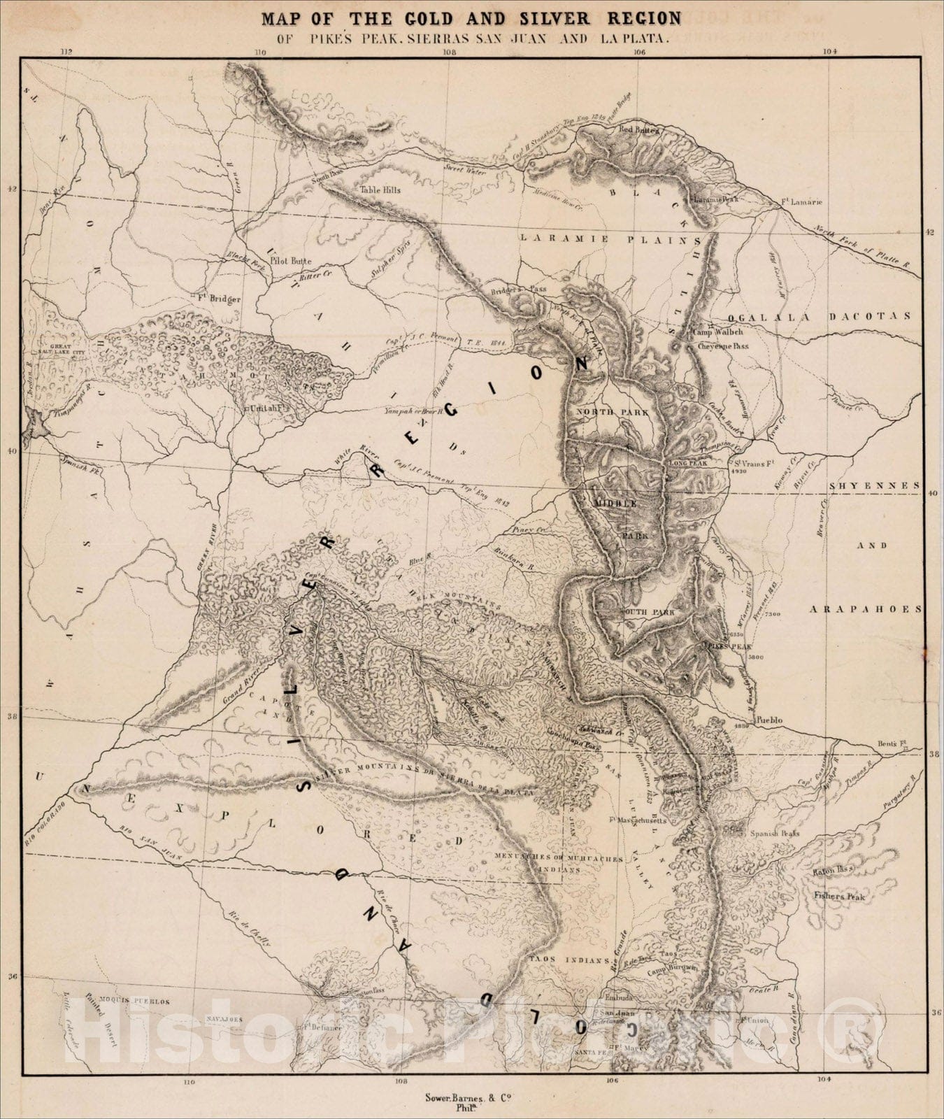 Historic Map : Map of the Gold and Silver Region of Pike?s Peak, Sierras San Juan and La Plata, 1860, Sower Barnes & Co., Vintage Wall Art