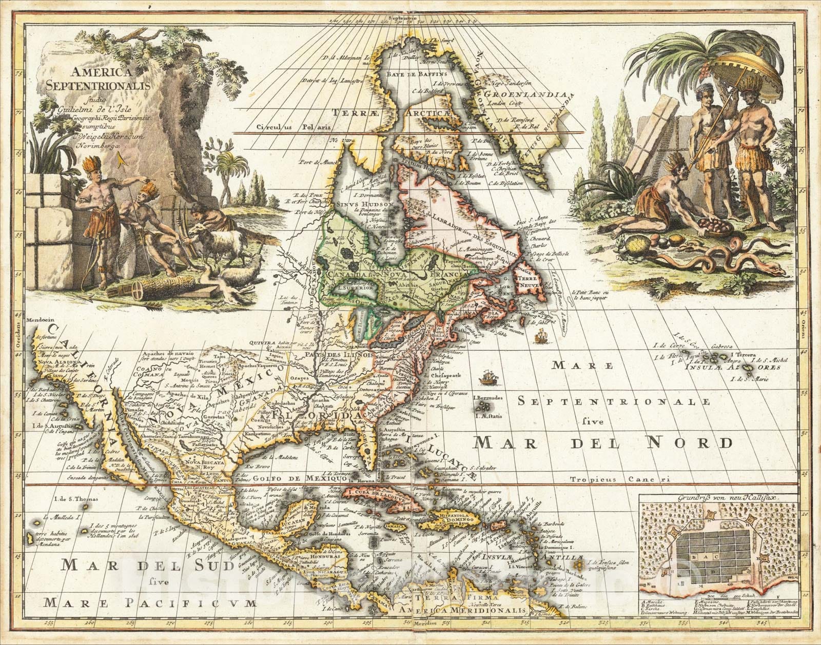 Historic Map : America Septentrionalis, [Halifax inset], c1725, Christoph Weigel, Vintage Wall Art