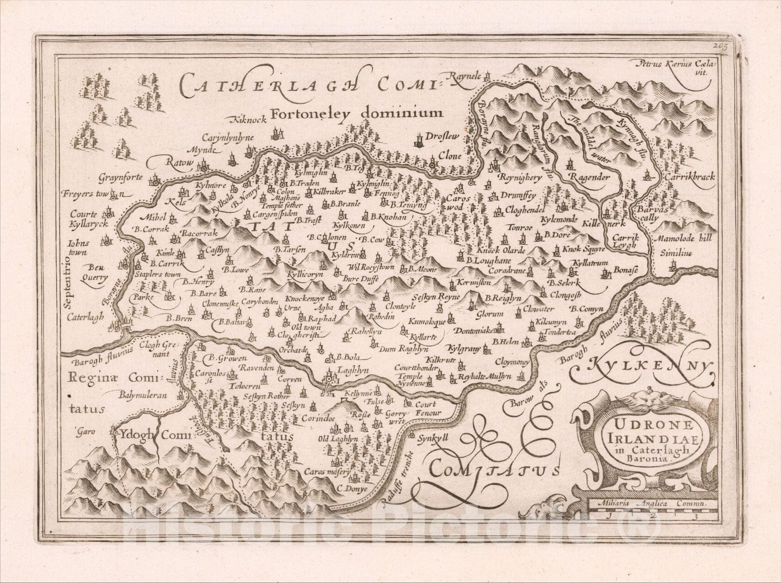 Historic Map : (County Carlow) Udrone Irlandiae in Caterlagh Baronia, 1630, Johannes Cloppenburg, Vintage Wall Art