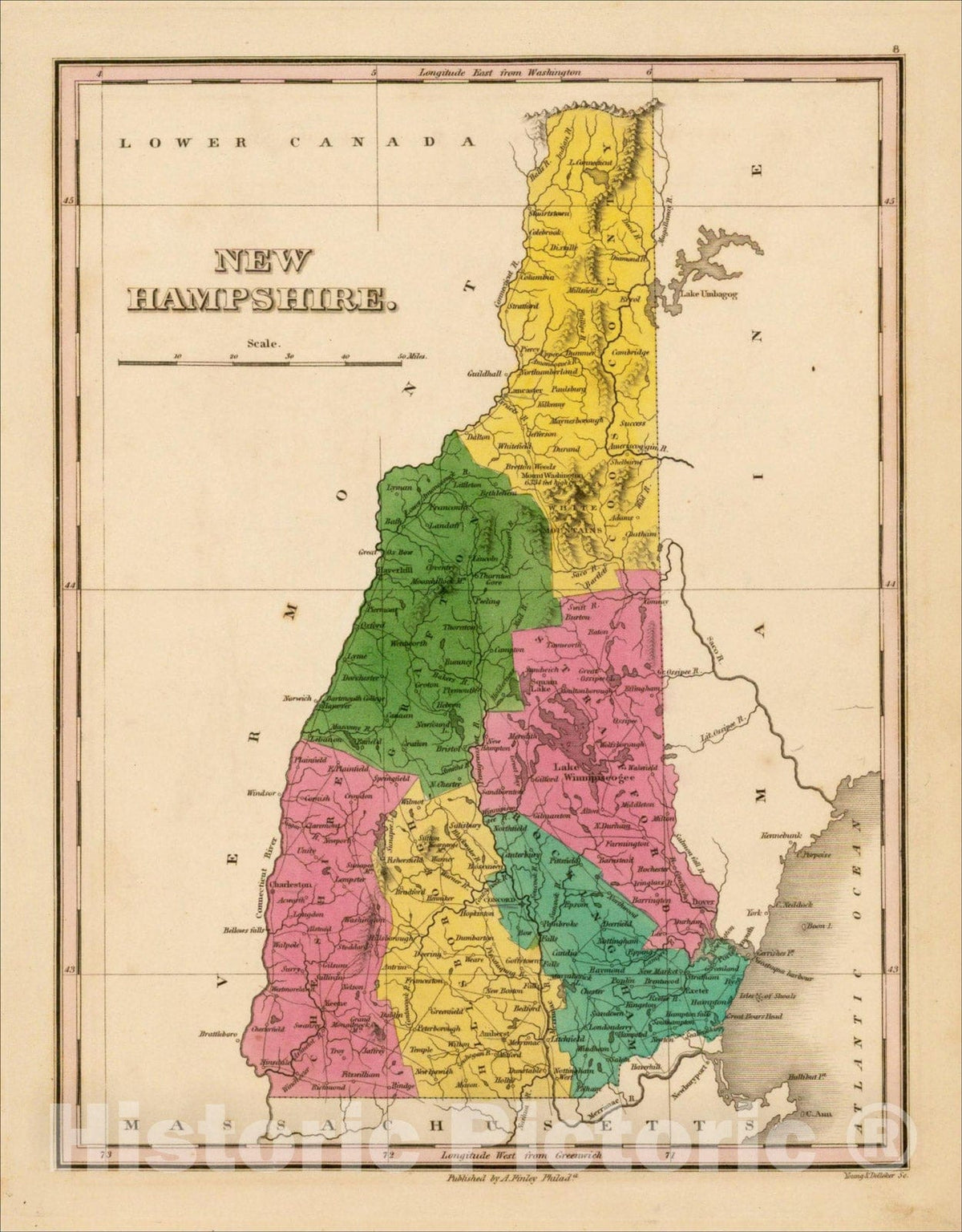 Historic Map : New Hampshire, 1824, Anthony Finley, Vintage Wall Art