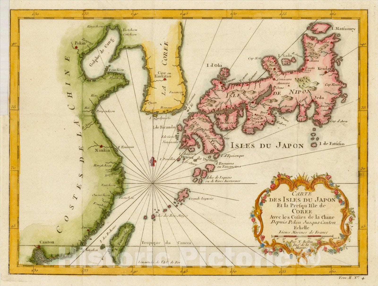Historic Map : Carte Des Isles Du Japon Et la Presqu' Isle De Coree Avec les Costes De La Chine Depusi Pekin., 1746, Jacques Nicolas Bellin, v2, Vintage Wall Art