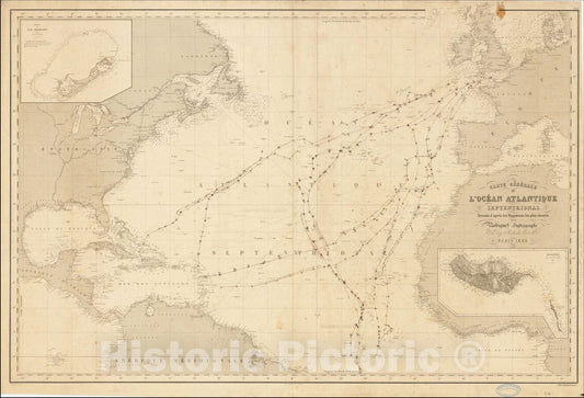 Historic Map : Carte Generale de L'Ocean Atlantique Septentrionale (large insets of Bermuda and Madeira), 1855, Aime Robiquet, v1, Vintage Wall Art