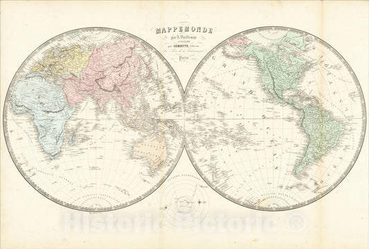 Historic Map : Mappemonde par A. Vuillemin?, c1845, Alexandre Vuillemin, Vintage Wall Art