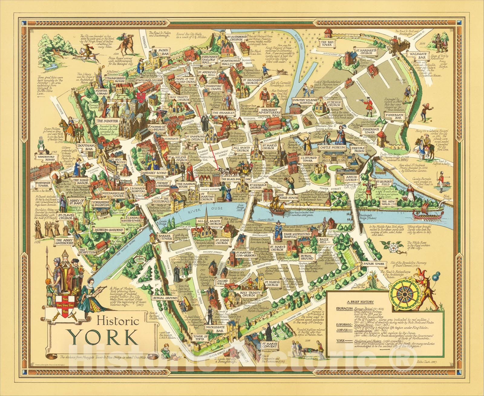 Historic Map : Historic York, 1947, Estra Clark, Vintage Wall Art