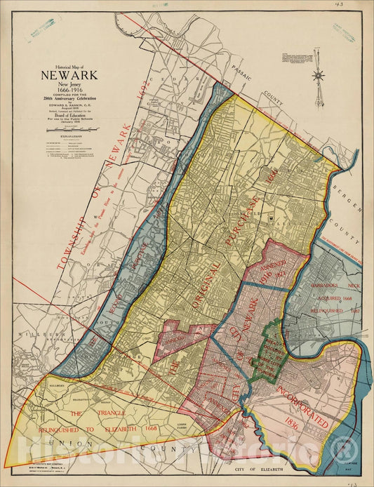 Historic Map : Historical Map of Newark New Jersey 1666-1916, 1918, , Vintage Wall Art