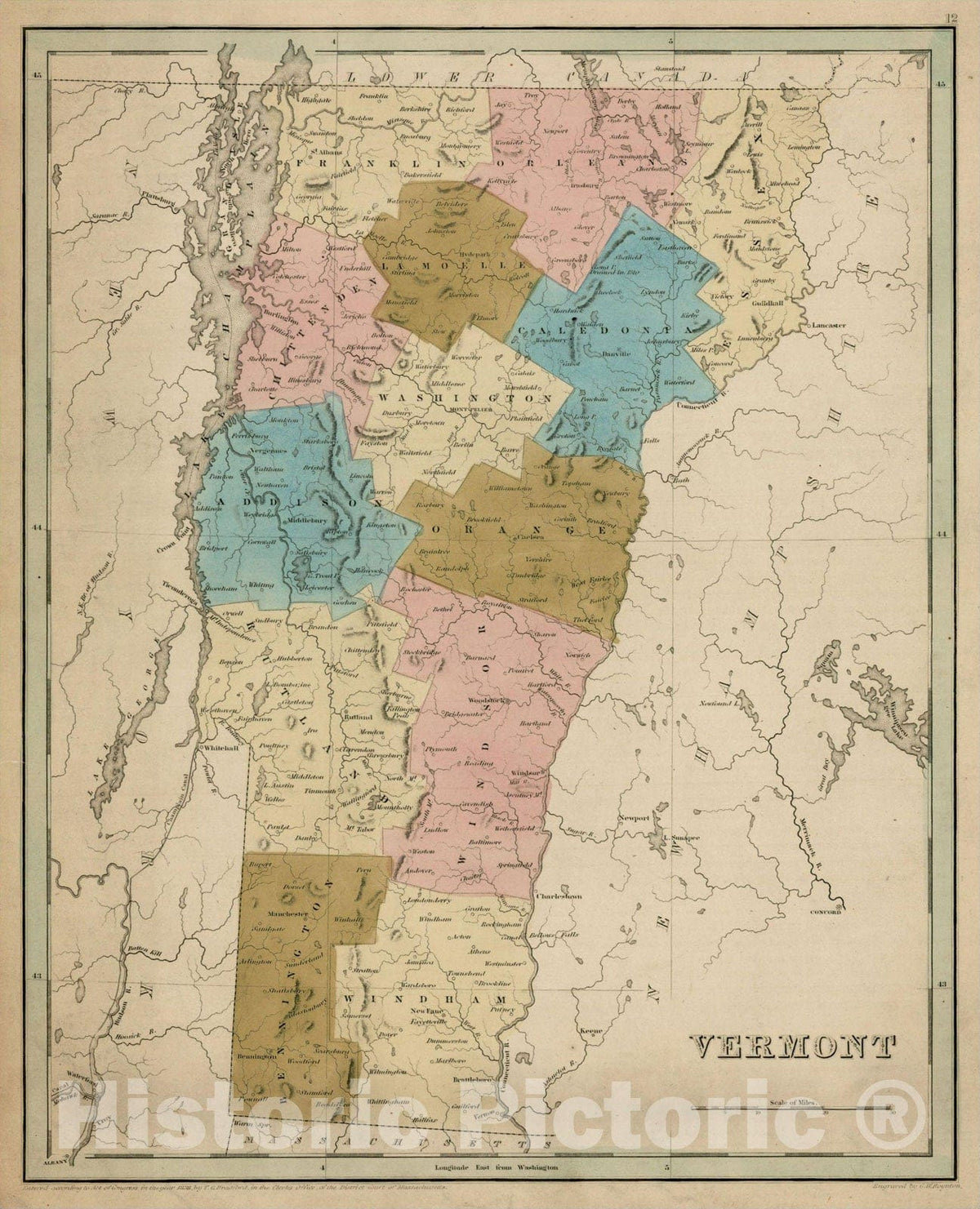 Historic Map : Vermont, 1841, Thomas Gamaliel Bradford, Vintage Wall Art
