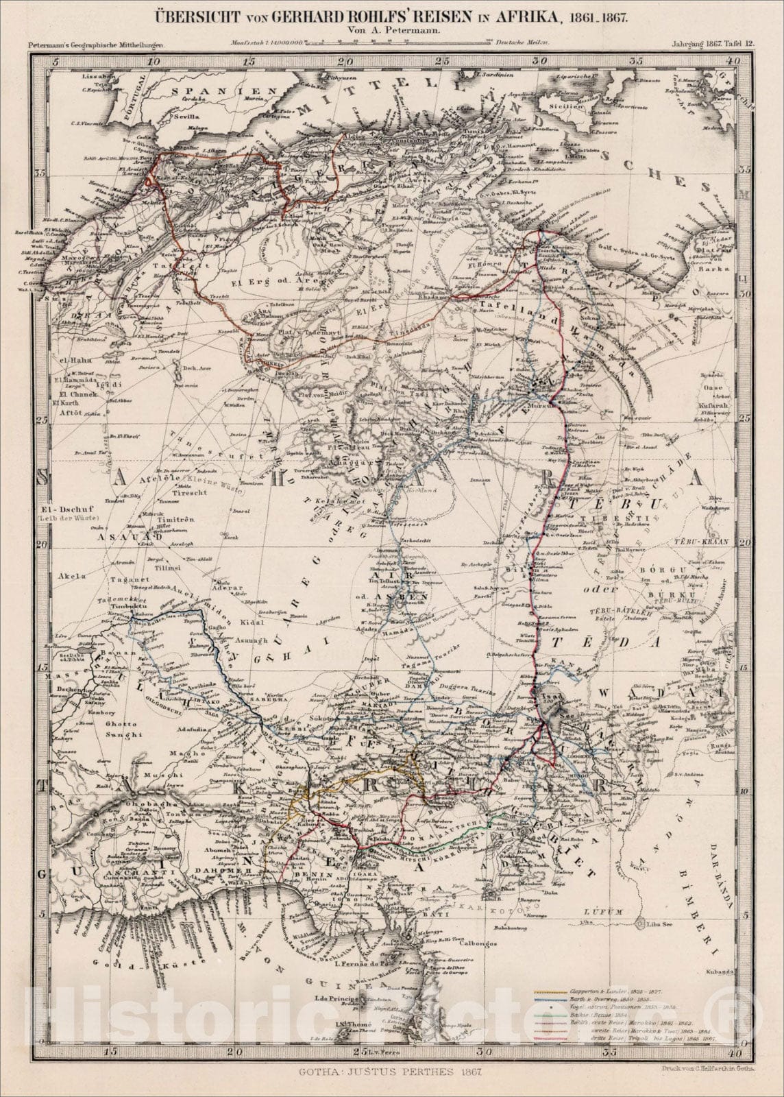 Historic Map : Ubersicht von Gerhard Rohlf's Reisen in Afrika, 1861, 1867, 1867, Augustus Herman Petermann, Vintage Wall Art
