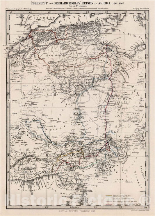 Historic Map : Ubersicht von Gerhard Rohlf's Reisen in Afrika, 1861, 1867, 1867, Augustus Herman Petermann, Vintage Wall Art