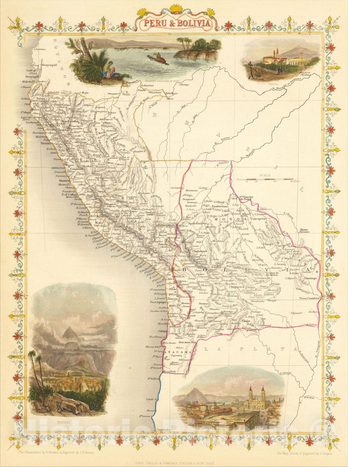Historic Map : Peru and Bolivia, 1851, John Tallis, Vintage Wall Art