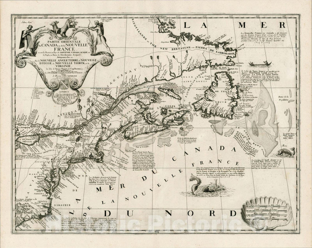 Historic Map : Partie Orientale du Canada ou de la Nouvelle France ou sont les Provinces ou Pays de Sagvenay, Canada, Acadie, 1689, Vincenzo Maria Coronelli, Vintage Wall Art