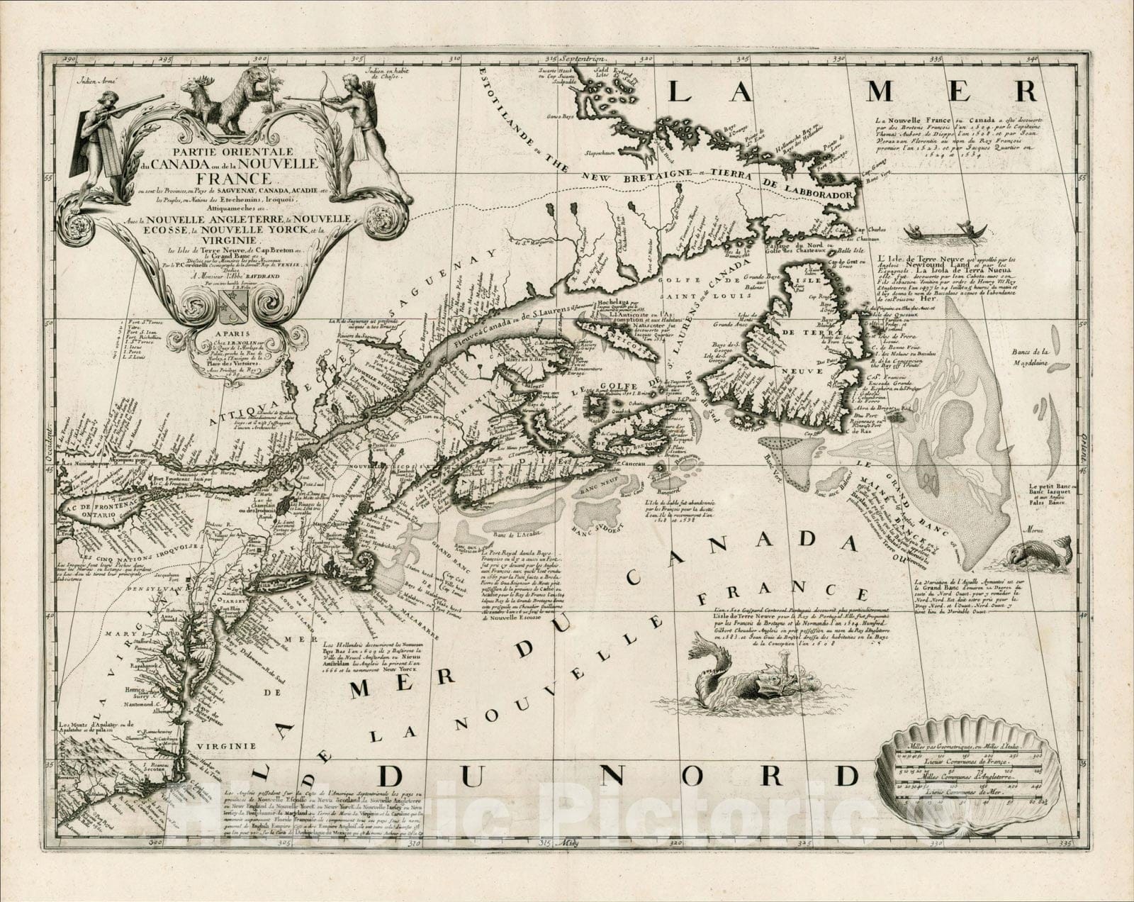 Historic Map : Partie Orientale du Canada ou de la Nouvelle France ou sont les Provinces ou Pays de Sagvenay, Canada, Acadie, 1689, Vincenzo Maria Coronelli, Vintage Wall Art