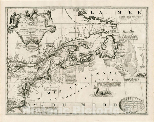 Historic Map : Partie Orientale du Canada ou de la Nouvelle France ou sont les Provinces ou Pays de Sagvenay, Canada, Acadie, 1689, Vincenzo Maria Coronelli, Vintage Wall Art