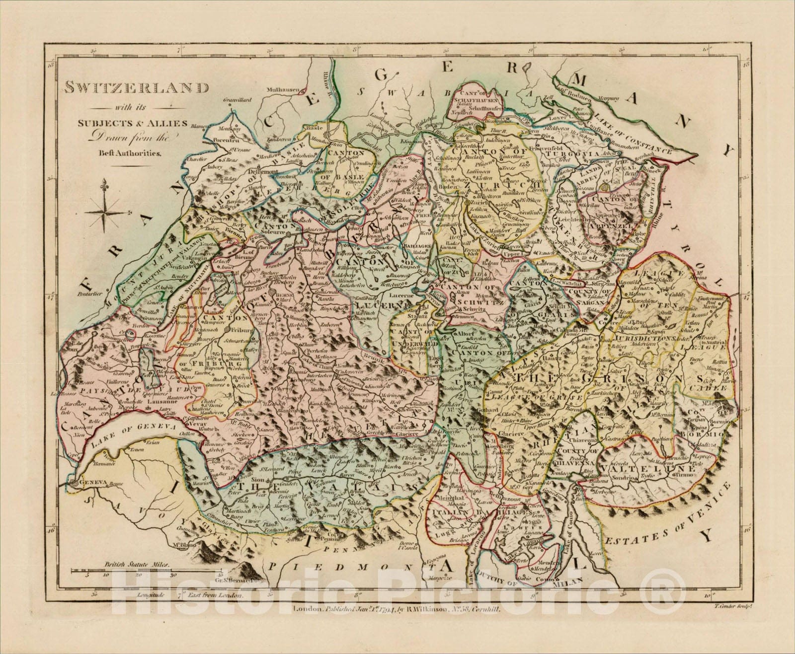 Historic Map : Switzerland with its Subjects & Allies Drawn from the Best Authorities, 1794, Robert Wilkinson, Vintage Wall Art