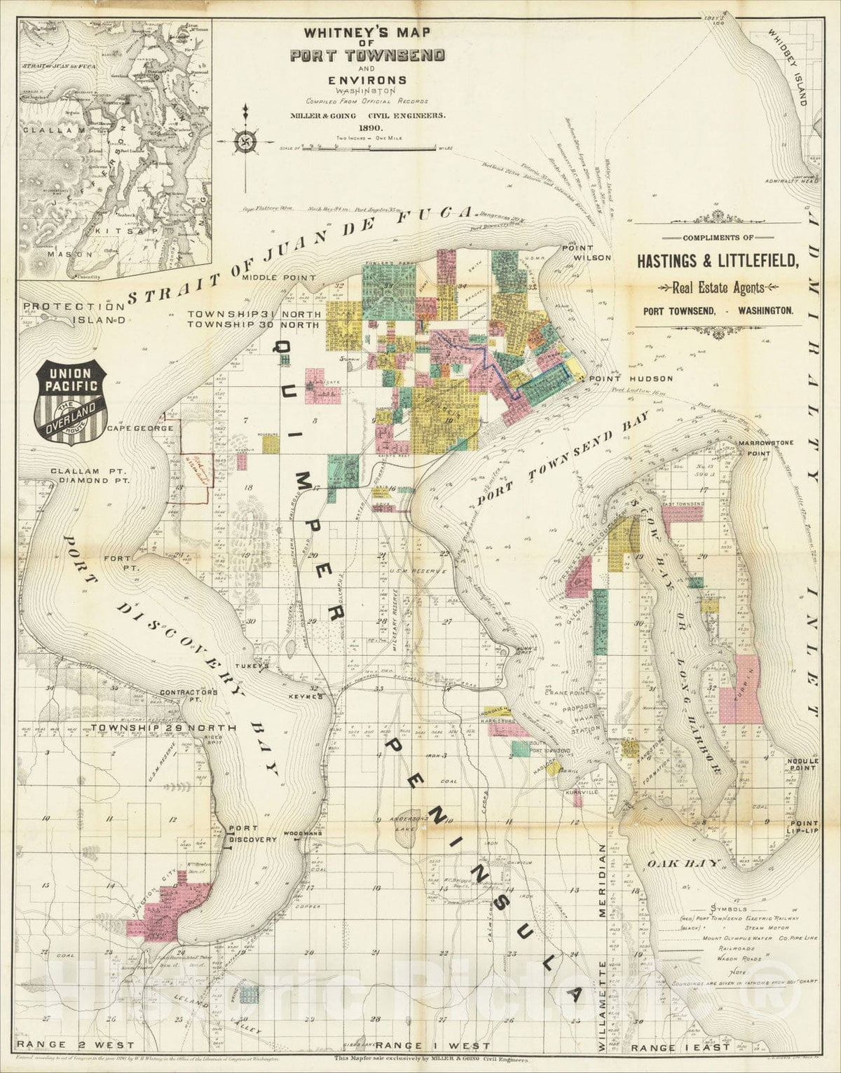 Historic Map : Whitney's Map of Port Townsend and Environs Washington Compiled From Official Records Miller and Going Civil Engineers. 1890, 1890, W.H. Whitney, Vintage Wall Art