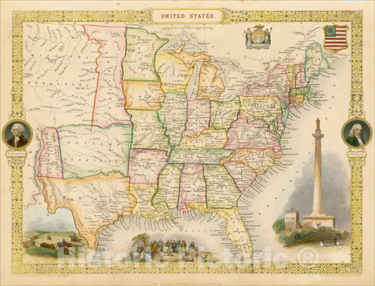 Historic Map : United States, 1851, John Tallis, v2, Vintage Wall Art