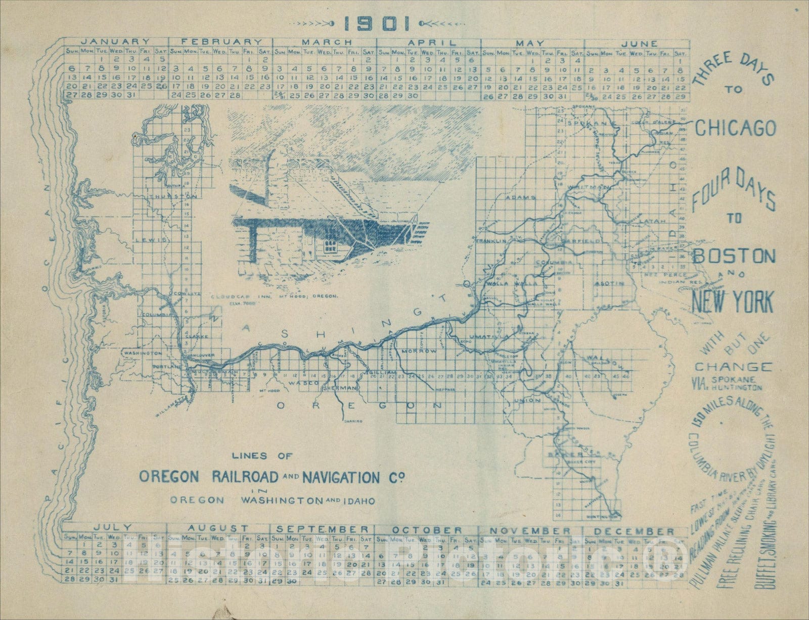 Historic Map : Lines of Oregon Railroad And Navigation Co.In Oregon Washington and Idaho, 1901, Anonymous, Vintage Wall Art