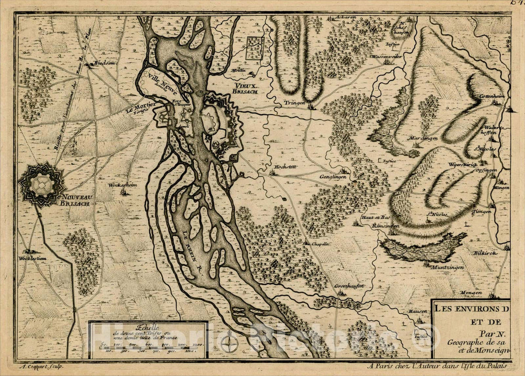 Historic Map : Brisach area on the Rhine River, 1705, Nicolas de Fer, Vintage Wall Art