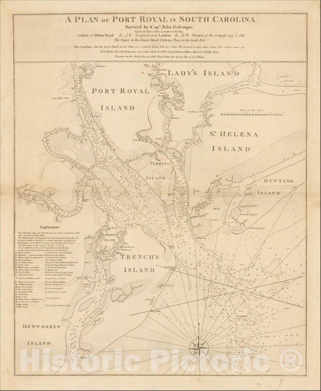 Historic Map : A Plan of Port Royal in South Carolina Survey'd by Capn. John Gascoigne, 1776, William Faden, Vintage Wall Art
